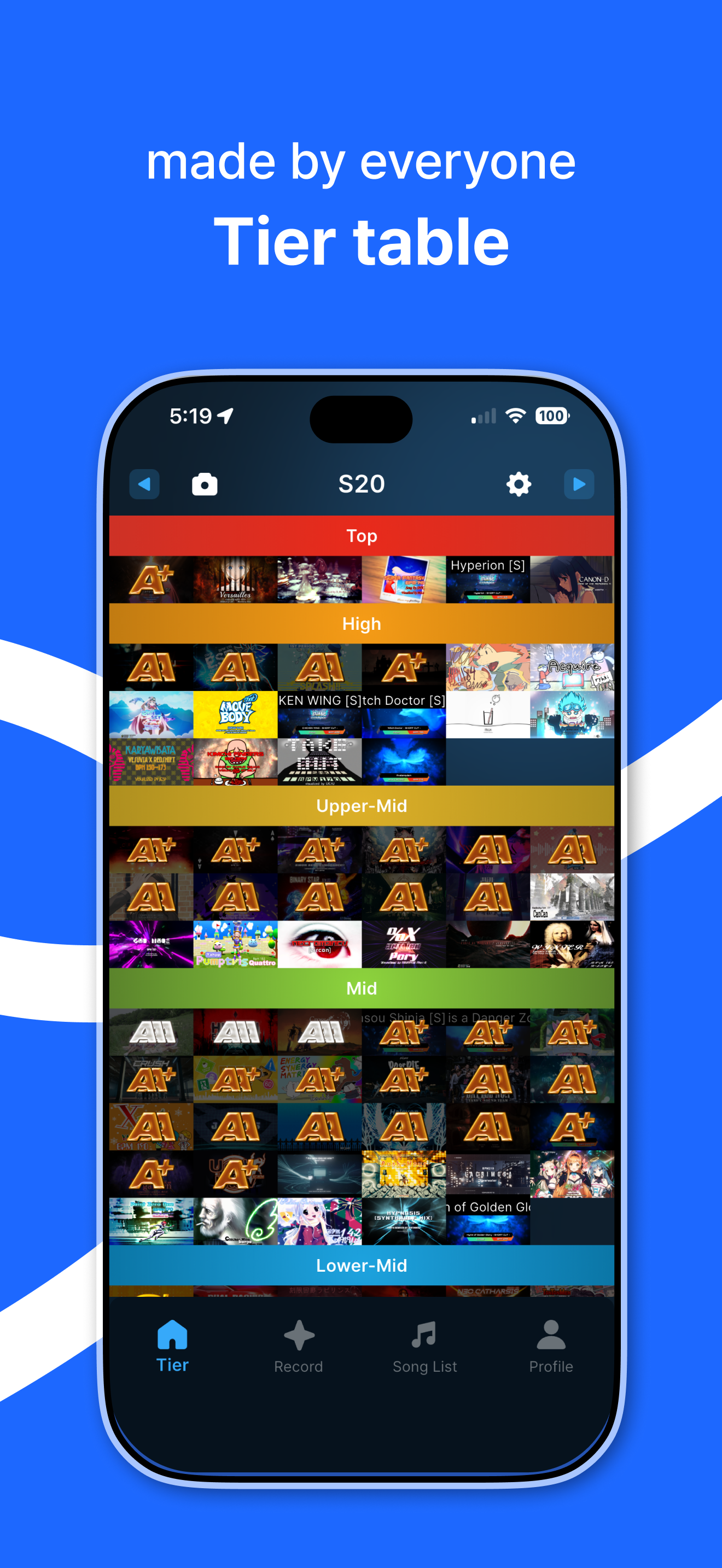 ArcadeStat community tier list screen showing difficulty rankings for arcade rhythm game charts