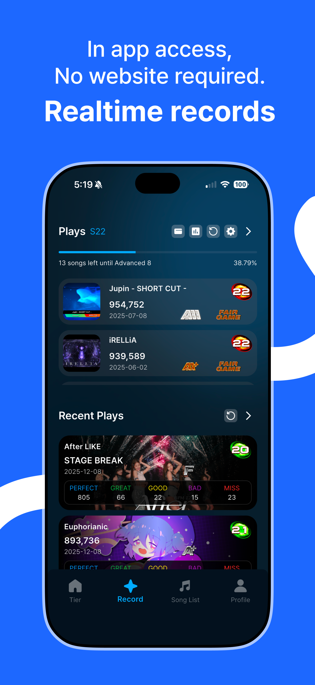 ArcadeStat play records screen showing scores and rankings for Pump It Up arcade rhythm game
